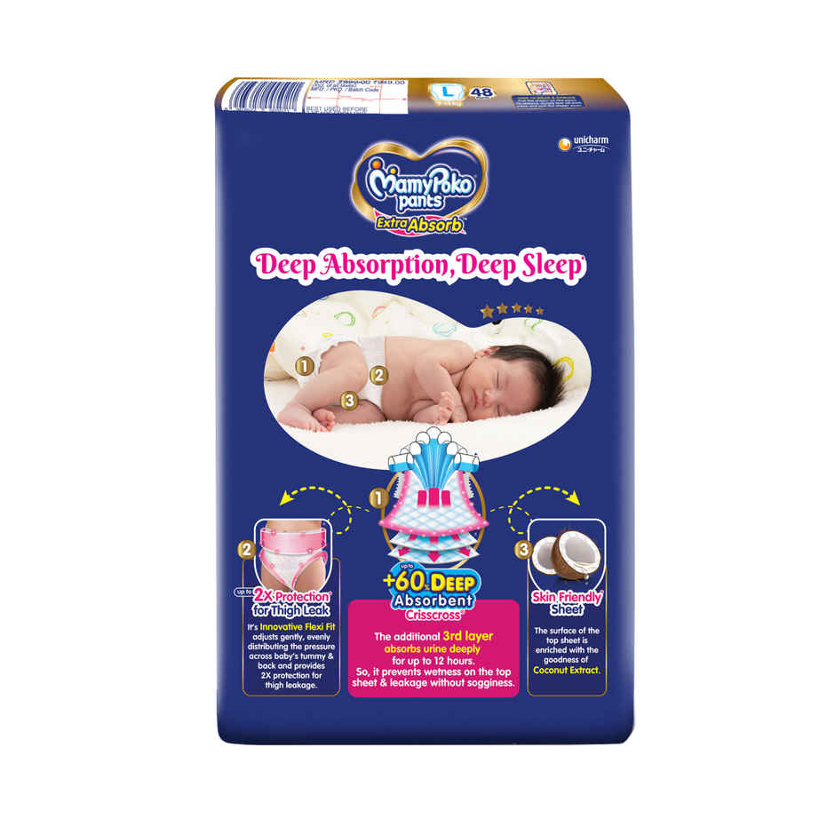 Mamypoko Extra Absorb Baby Diapers | Pant Style | L | 48 pcs