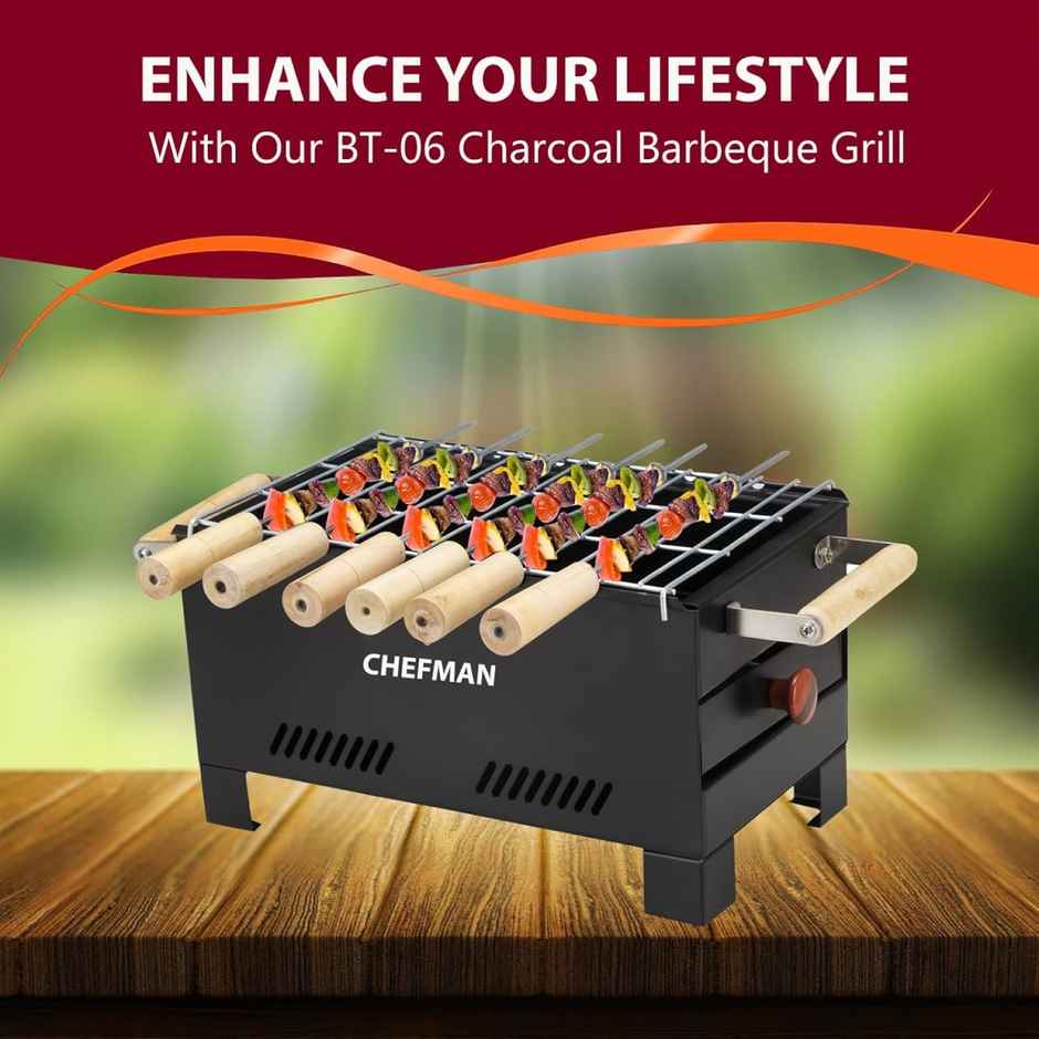 Chefman Portable Charcoal BBQ Grill | 6 Skewers | Ideal For Outdoor Cooking | Black