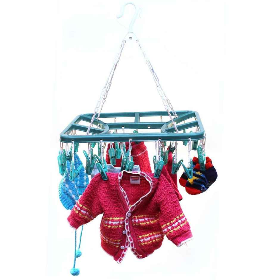 Kuber Industries Plastic (32 Clips) Portable & Rotatable 360 Degree Cloth Drying Hanger (Green)