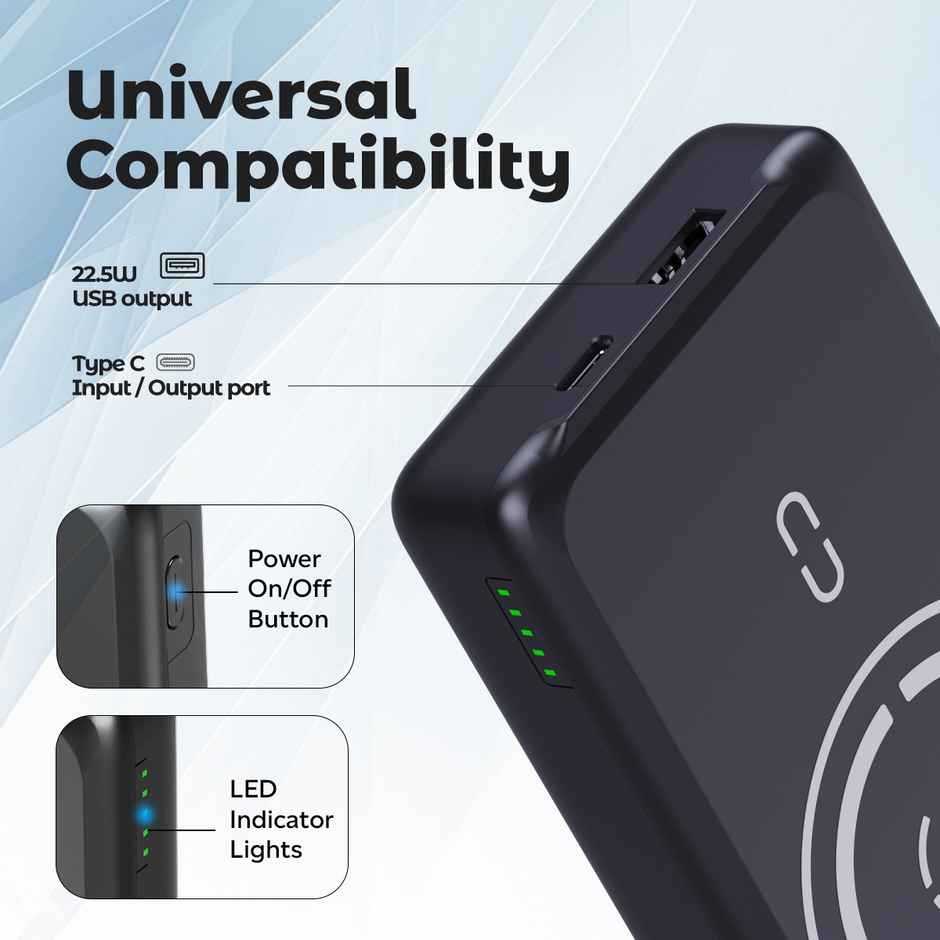 pTron Dynamo Arc 10000 mAh Power Bank | 22.5W Usb Fast Charging | 15W Magnetic Wireless Charging - Black