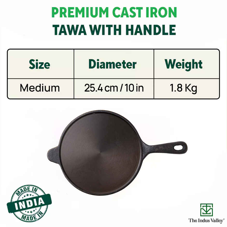 The Indus Valley Super Smooth Cast Iron Tawa for Dosa/Chapathi | 25.4cm/10 inch, 1.8kg