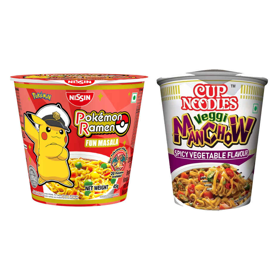 Nissin Cup Veggie Manchow(70gms) & Indo Nissin Pokemon Ramen Fun Masala | Flavorful Instant Noodles(45gms) Combo