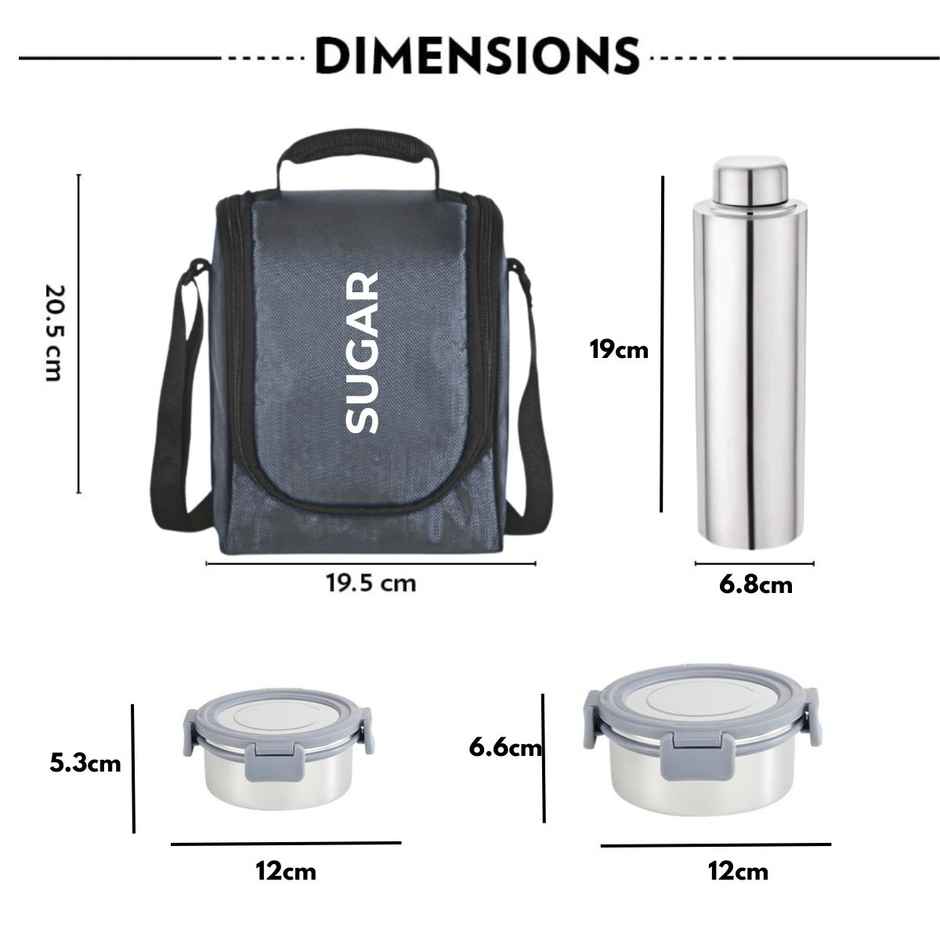 Sugar Homeware Steelock Combo Containers with Stainless Steel Bottle and Insulated Bag