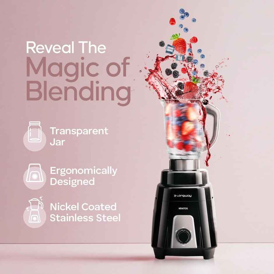 Longway Kratos 1000 Watt Juicer Mixer Grinder with 4 Multipurpose Jars for Grinding, Mixing, Juicing with Stainless Steel Blades(Black)