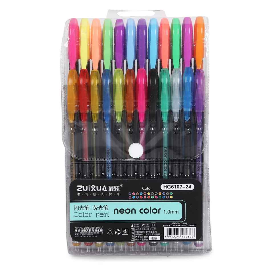 Chrome 6107-24Pcs Neon Gel Pens Set with Fluorescent, Metallic, Glitter, & Pastel Colours