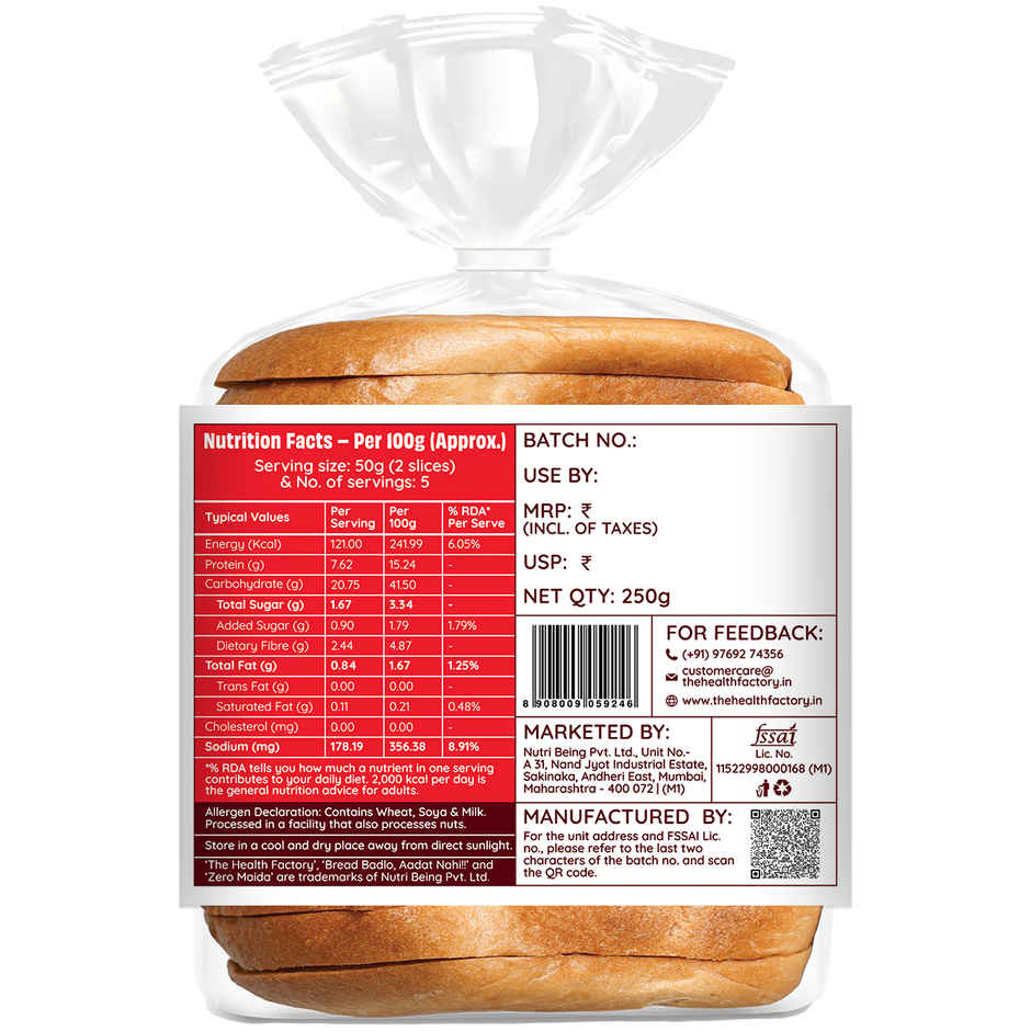 The Health Factory Zero Maida Protein Bread | Clean Label - Not Brown
