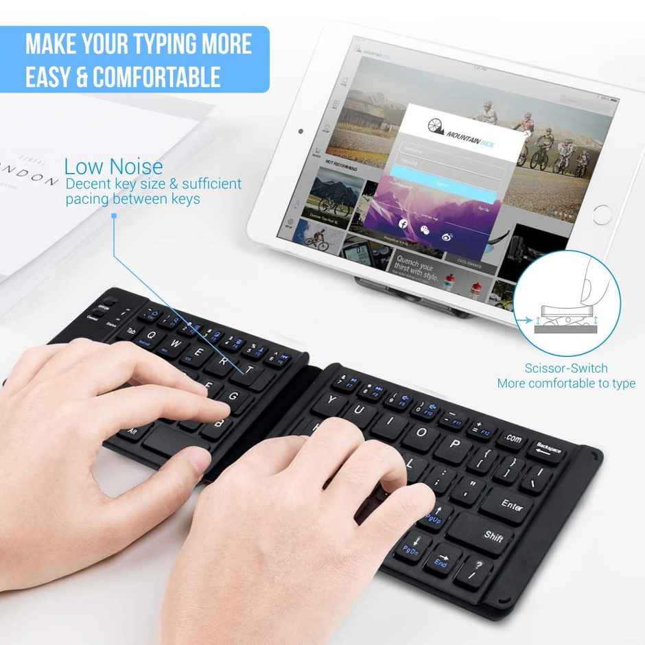 Portronics Chicklet Foldable QWERTY Keyboard, Mini Pocket Sized, Rechargeable, Bluetooth Wireless, One Touch Connect Button, for iOS, Android and Windows Tabs, Smartphones - Black