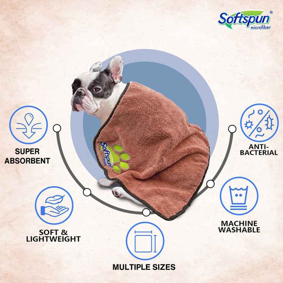 Softspun Microfiber Pet Towel (Small, 380 GSM, 40x60cm, 1pc, Brown)