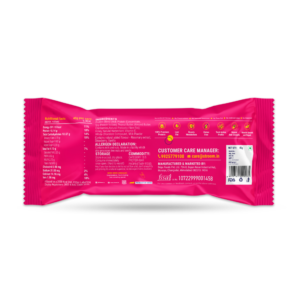 Stroom Berry White Chocolate 10G Protein Bar (45g) & Stroom Exotic Mango Coconut Protein Bars (45g) Combo