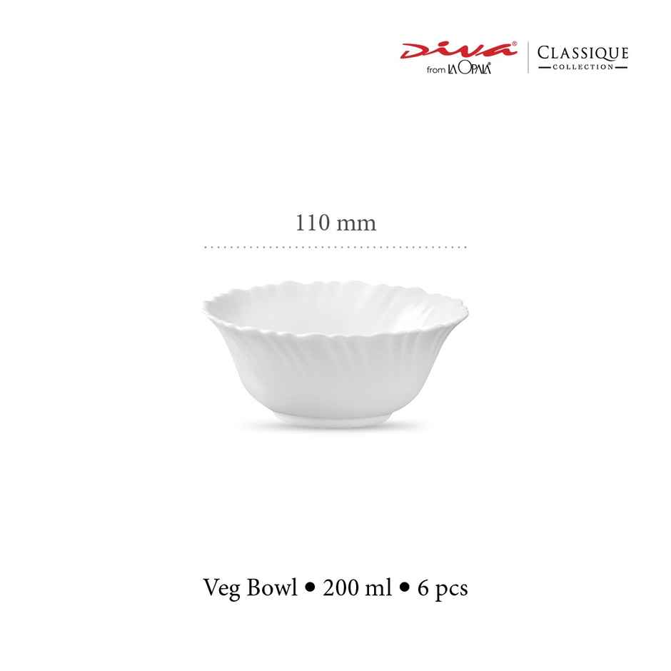 La Opala Diva Classique Veg Bowl Set of 6 | Opal Glass Bowl for Dining & Gifting - White
