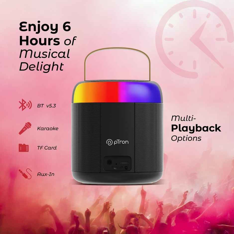 pTron Fusion Bliss 16W Bluetooth Speaker with Wireless Karaoke Mic, 6Hrs Playtime, Vibrant RGB Lights, Voice Effects, Multi-Play Modes BT5.3/TF Card & Type-C Charging Port - Black