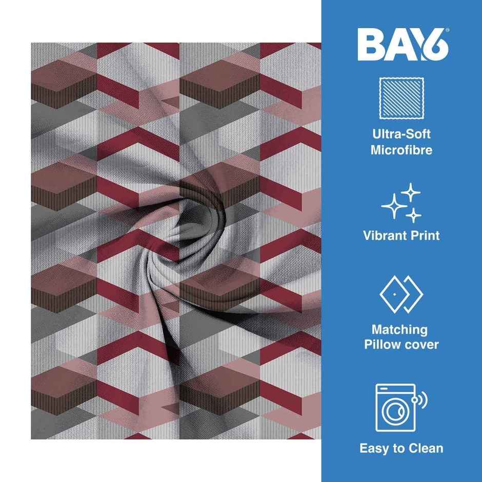 BAY6 Microfibre Geometric Double Bedsheet - Grey/Maroon | 215 x 230 cm + Two Pillow Covers