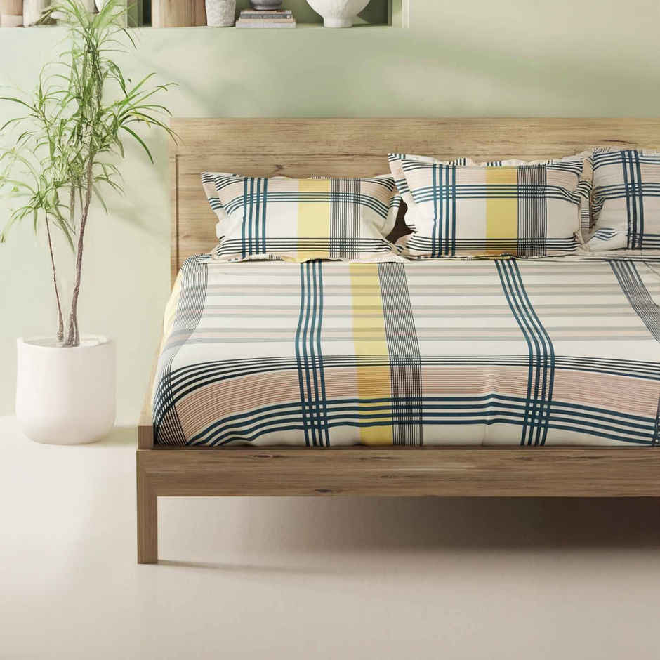 Bianca 100% Natural Cotton XL King Fitted Bedsheet 3pc Set with 2 Pillow Covers Stripe Yellow/Teal
