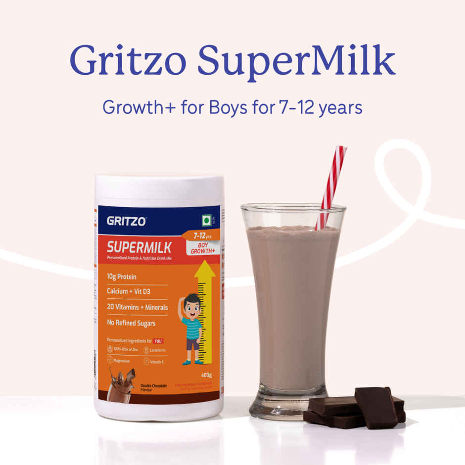Gritzo Supermilk Height+ (8-12Y Boys), 10G Protein (Double Chocolate) (400g) & Gritzo Supermilk Chocolate Drink Mix | For +13 Years Kids (400g) Combo