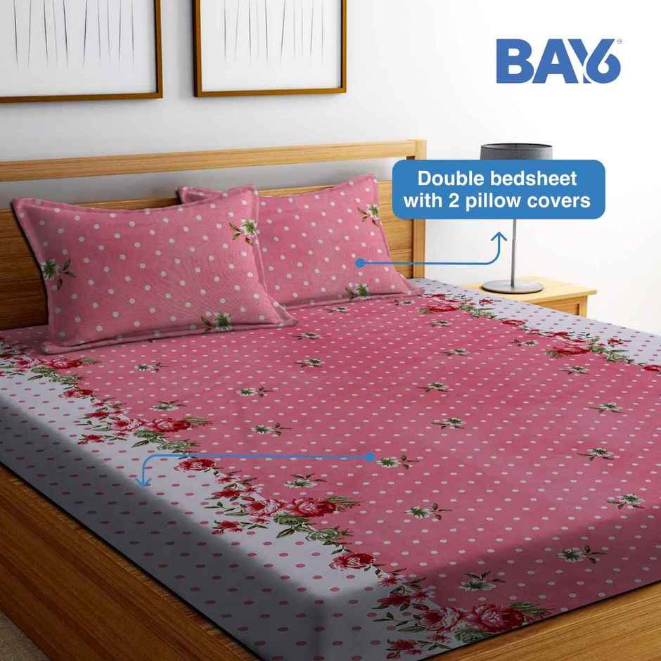 BAY6 120 GSM Dotted Print Double Bedsheet with 2 Pillow Covers | 220 x 240 cm - White and Pink