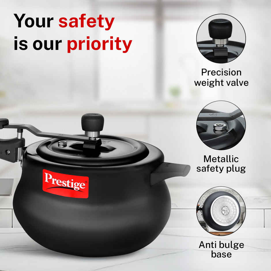 Prestige Nakshatra+ SvachhHA AluminiumHandi PressureCooker 5L,Metallic Safety Plug,5Y Warranty,Black