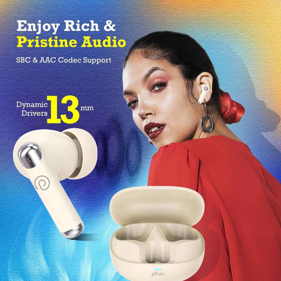 pTron Zenbuds Evo X5 34dB ANC TWS Earbuds | 4 Mic ENC Calls | 45H Playtime | 40ms Low-Latency | Pearl White