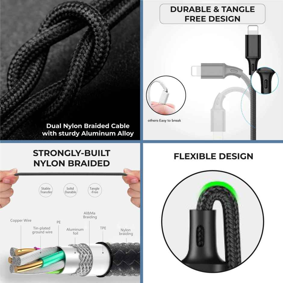 Kratos Unbreakable 1.2 Mtr Nylon Braided 3 in 1 Charging Cable with Type C, Lightning, Micro USB Port, Charging Cable compatible for iPhone,Samsung,OnePlus & Other Smartphones, 1 Meter - Black
