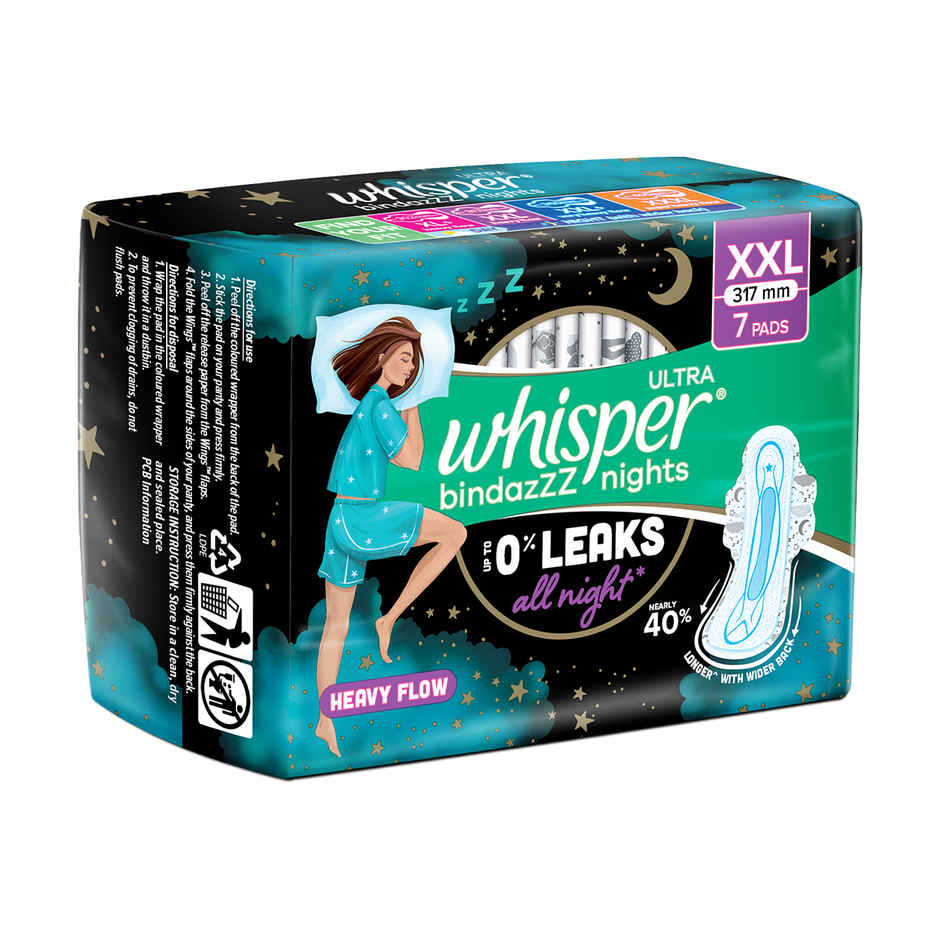 Whisper Bindazzz Nights XXL Sanitary Pads, Upto 0% Leaks All Night Long