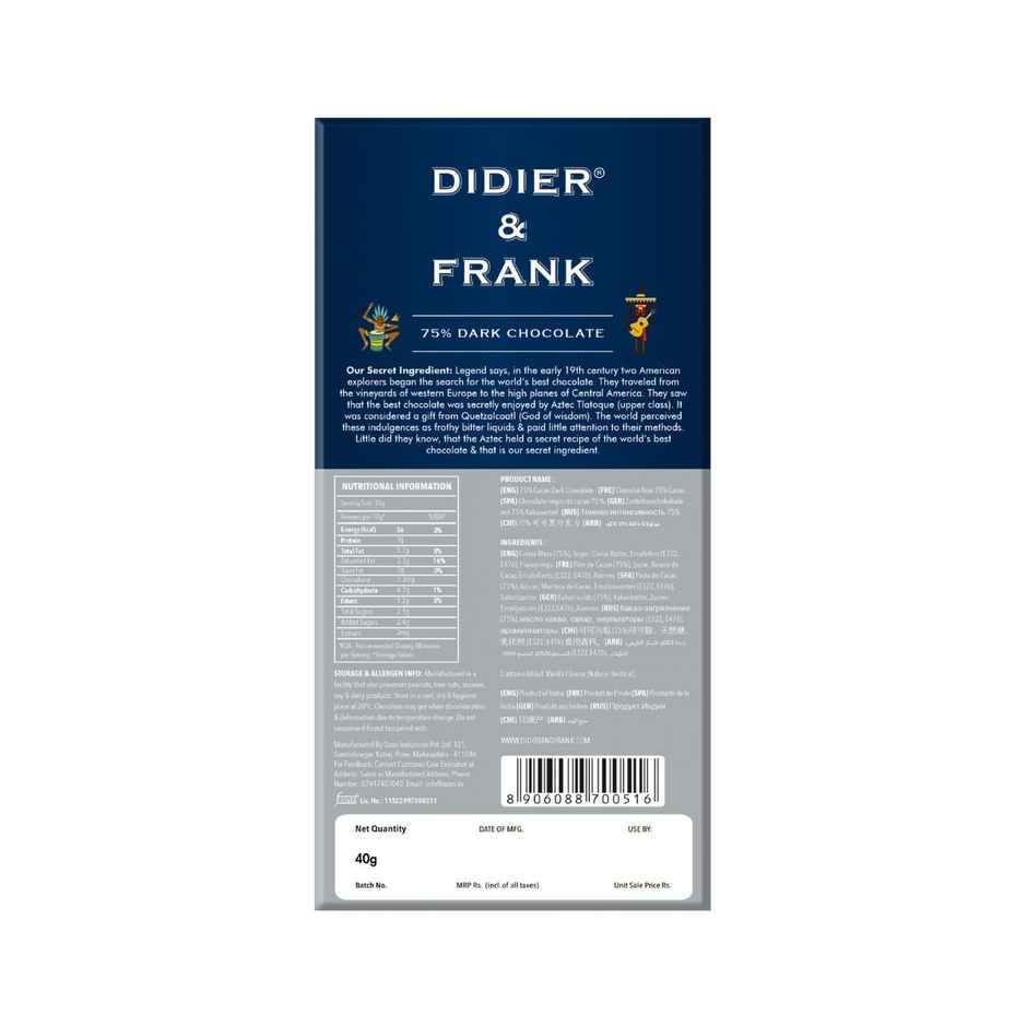 Didier & Frank 75% Dark Chocolate Bar | Intense Dark