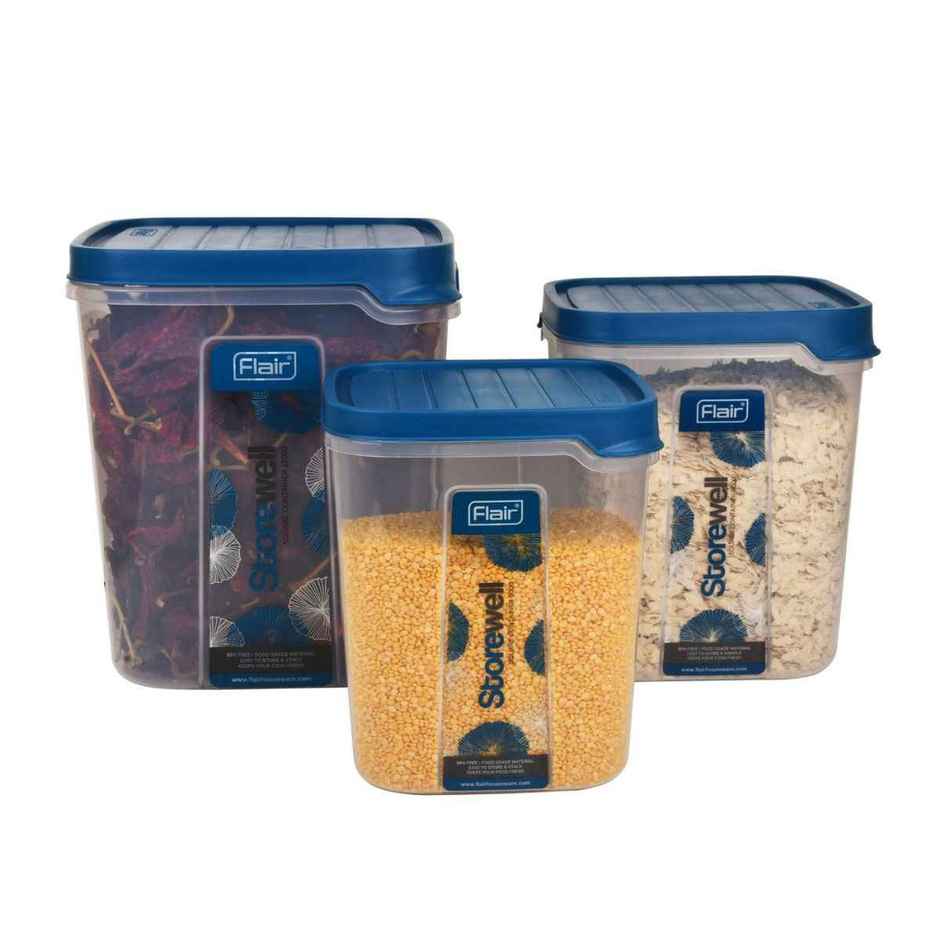 FLAIR Plastic Storewell Square Food Storage Containers Set | Blue - 6 L, 8 L & 12 L