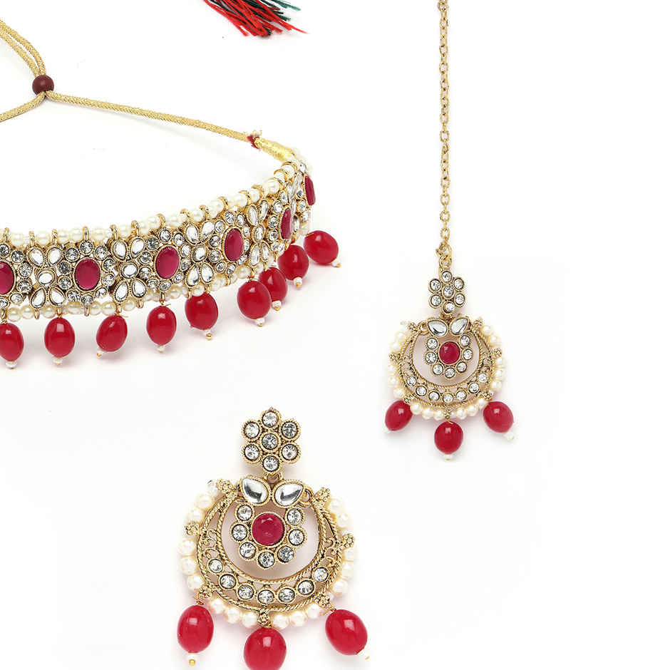 Sukkhi Ravishing Gold Plated Red Kundan & Beads Studded Choker Necklace Set