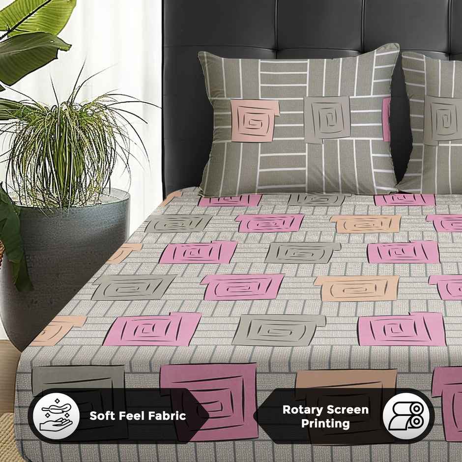 Story@home 144 TC Cotton Double Printed Flat Bedsheet (Beige, Mud Brown)