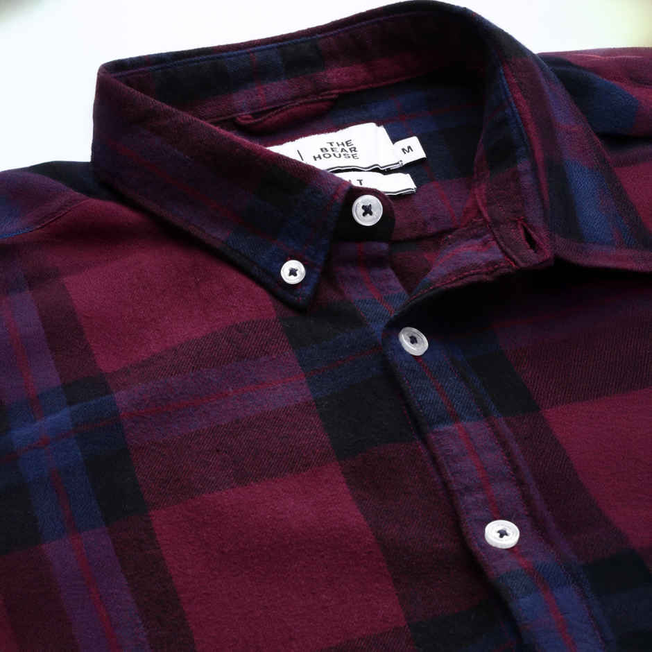 The Bear House Men Slim Fit Flannel Button-Down Casual Shirt - Uber | Maroon | M