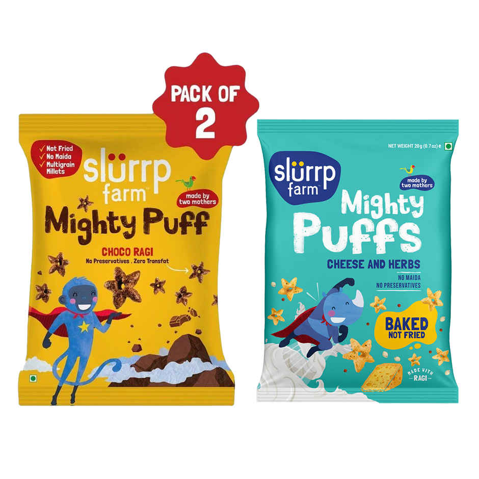 Slurrp Farm Not Fried Choco Ragi Puffs Healthy Snacks Tiffin & Travel Friendly 20 Gram(20gms) & Slurrp Farm Cheese And Herbs Puffs Healthy Snacks With Goodness Of Millets No Maida Not Fried 20 Gram(20gms) Combo
