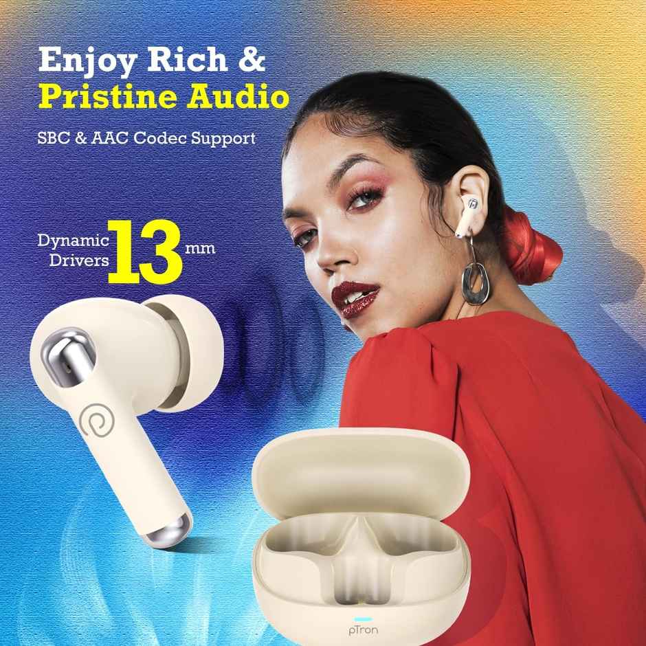 pTron Zenbuds Evo X5 34dB ANC TWS Earbuds | 4 Mic ENC Calls | 45H Playtime | 40ms Low-Latency | Pearl White