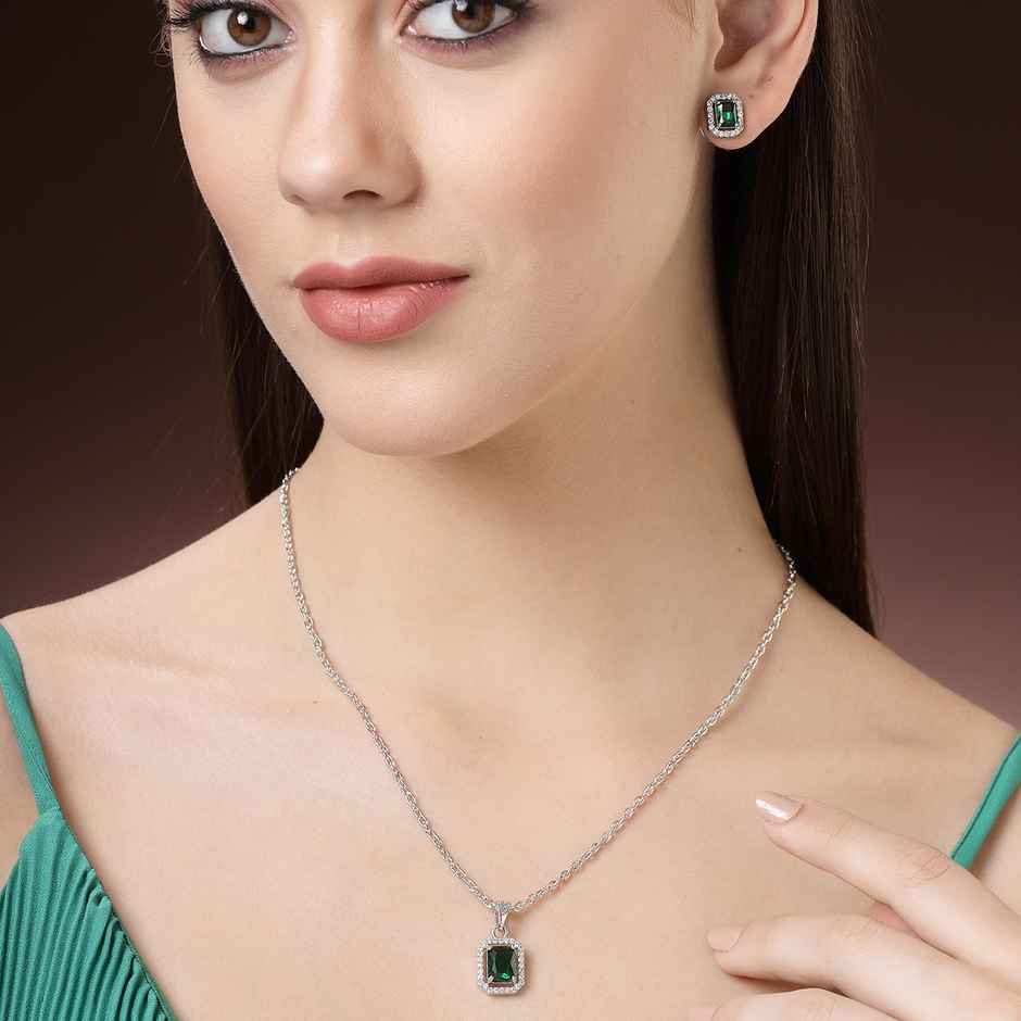 Zeneme Rhodium-Plated Green AD-CZ Luxe Sparkle Princess Cut Necklace Earrings For Women & Girls