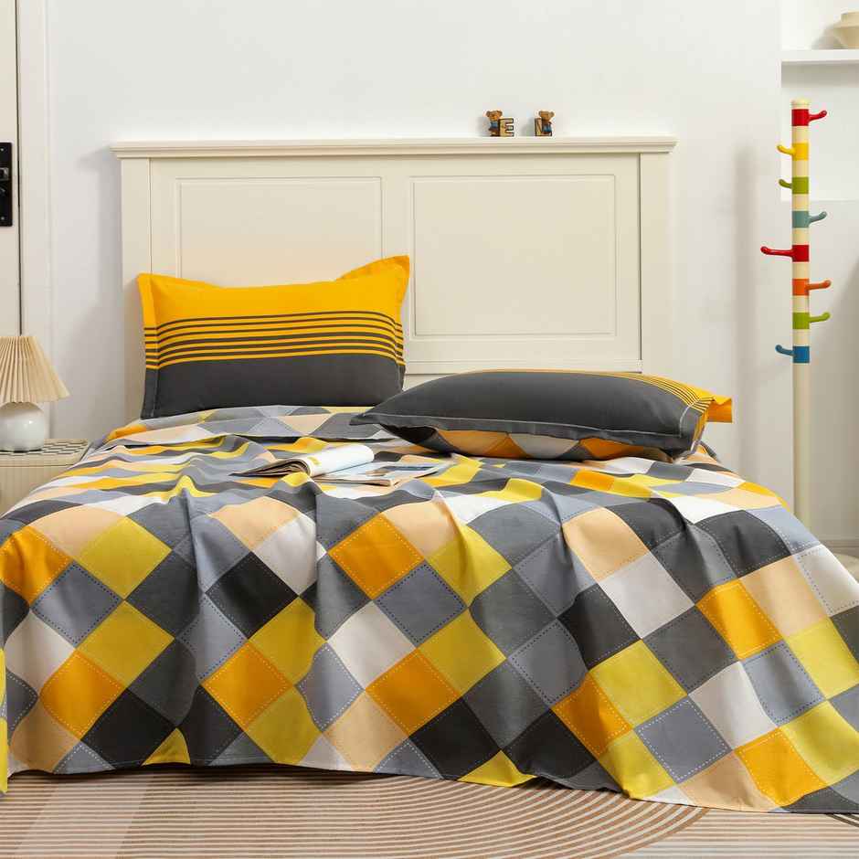 Story@home Double 144 TC Cotton Flat Geometric Bedsheet | Grey | 98 x 89 in