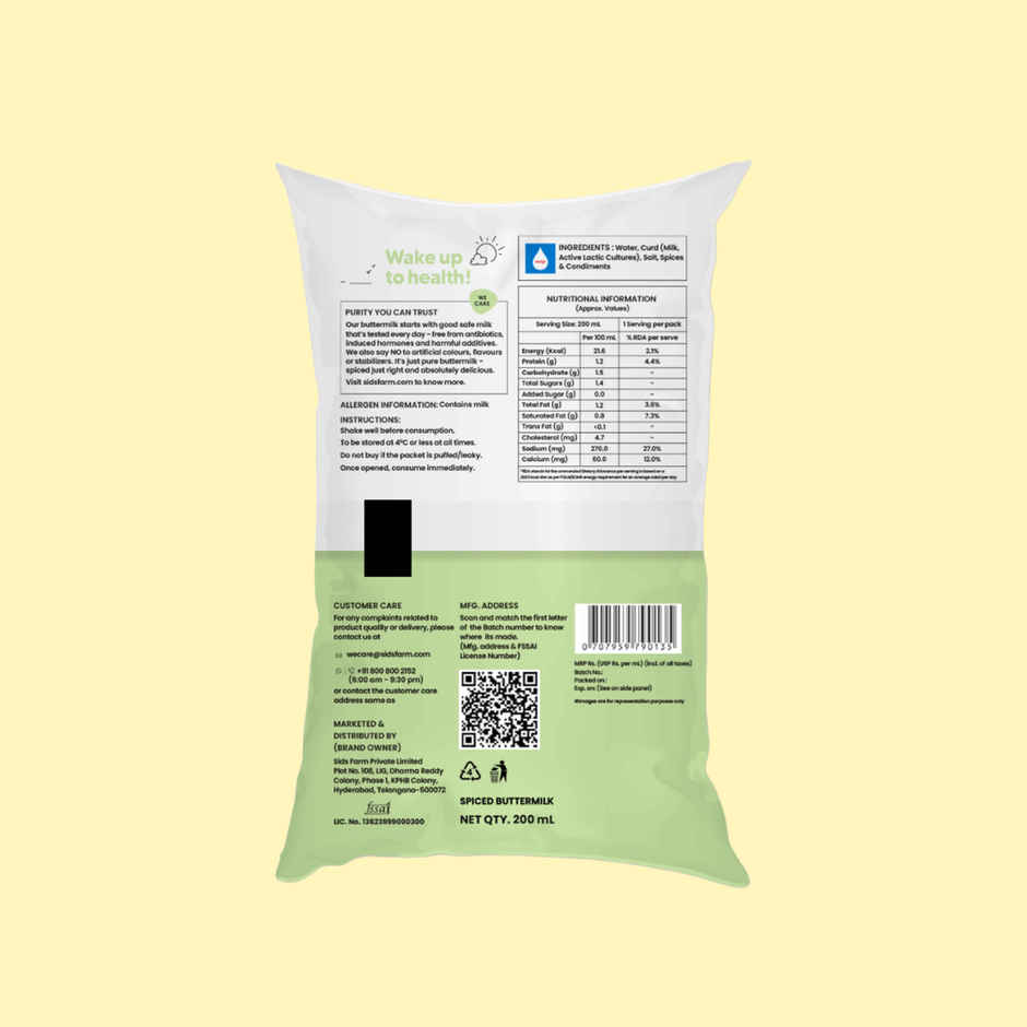 Sid's Farm Buttermilk Pouch - No Artificial Flavours Or Preservatives. Made From Tested Milk