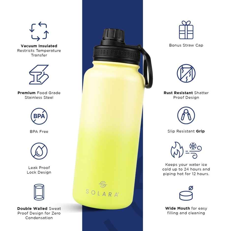 Solara Stainless Steel Insulated Water Bottle for Travel, Office, School, Gym | Lime Green | 1 L