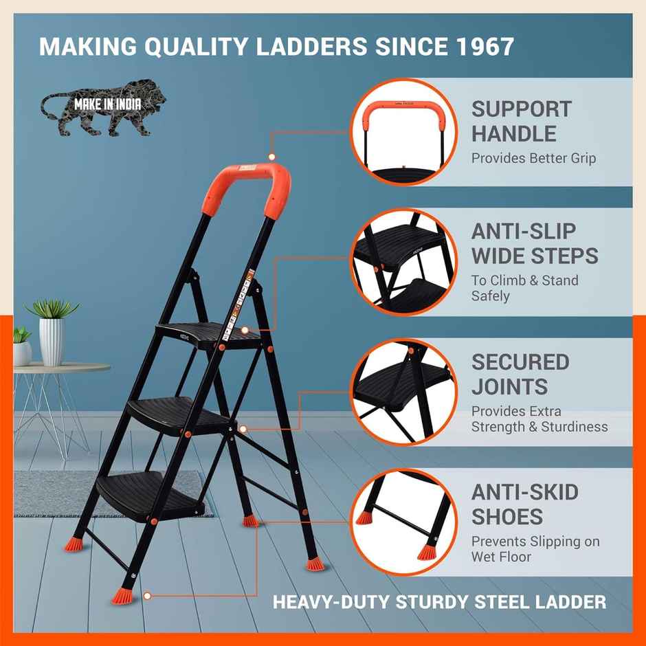 Bathla 3-Step Steel Ladder | Safety Hand Grip, Wide Anti-Slip Steps | Ascend | Orange & Black