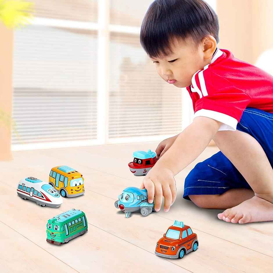 Toyshine 6-Pack Friction Powered Transport Vehicles Set, Push & Go Toys for Kids, Multicolor