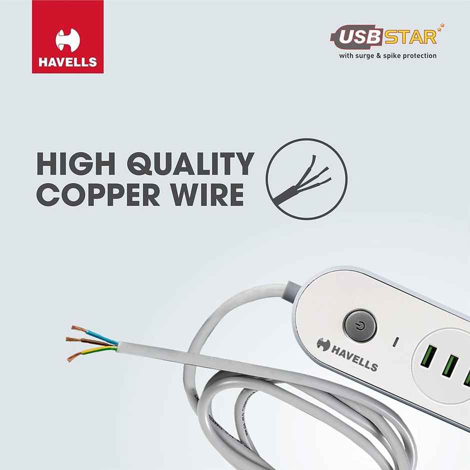Havells Usb Star Extension Board - 1.5Mtr, 3 USB, 3+1, 3 Pin (1.5m Length)