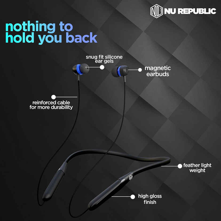 Nu Republic Jive J2 Bluetooth Neckband with Upto 20 hrs Playtime, X-Bass Technology, Calling Mic, Fast Charging & Pairing Earphones - Blue & Black
