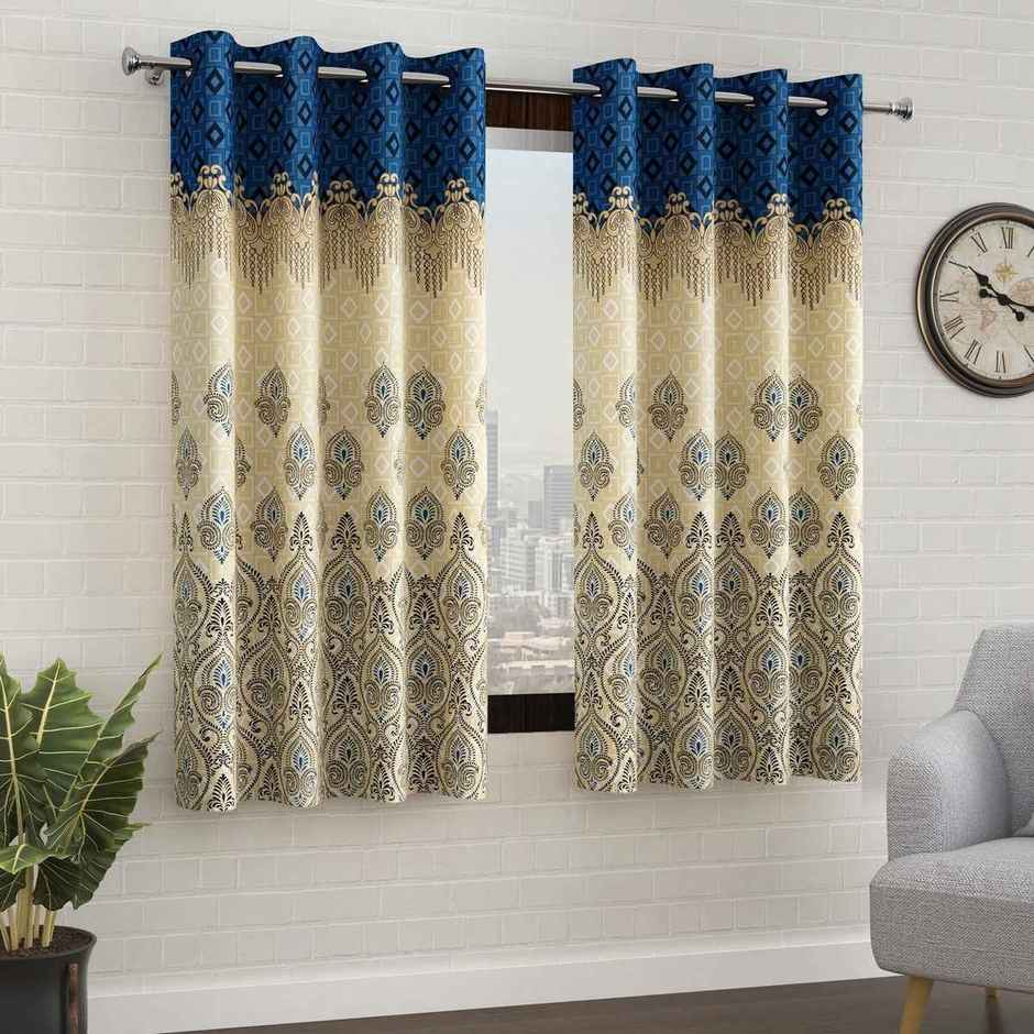 Story@Home 200 GSM Polyester Ethnic 2 Piece Window Curtain | Blue & Ivory