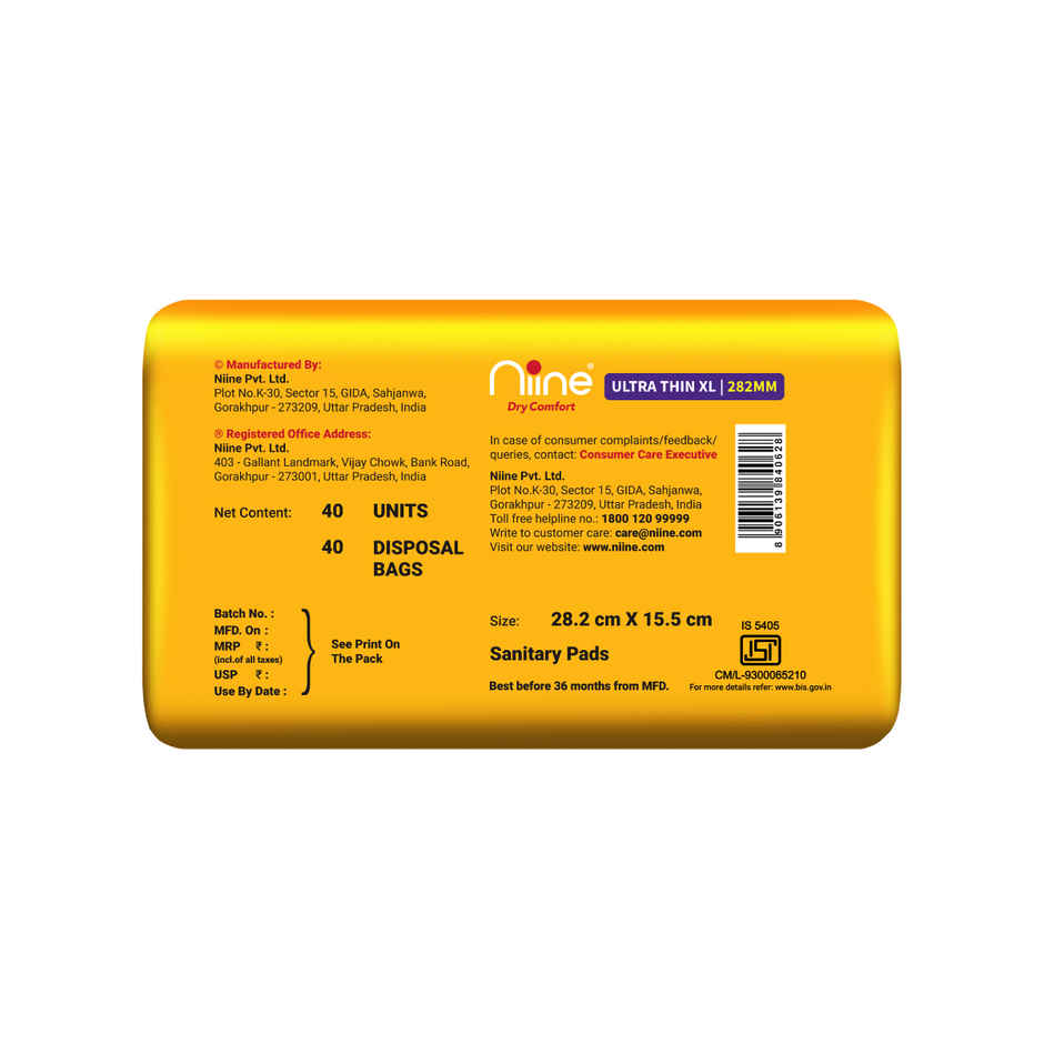 Niine Dry Comfort Ultra Thin XL Sanitary Pads | with Biodegradable Bags | 282 mm | 40 Pads 