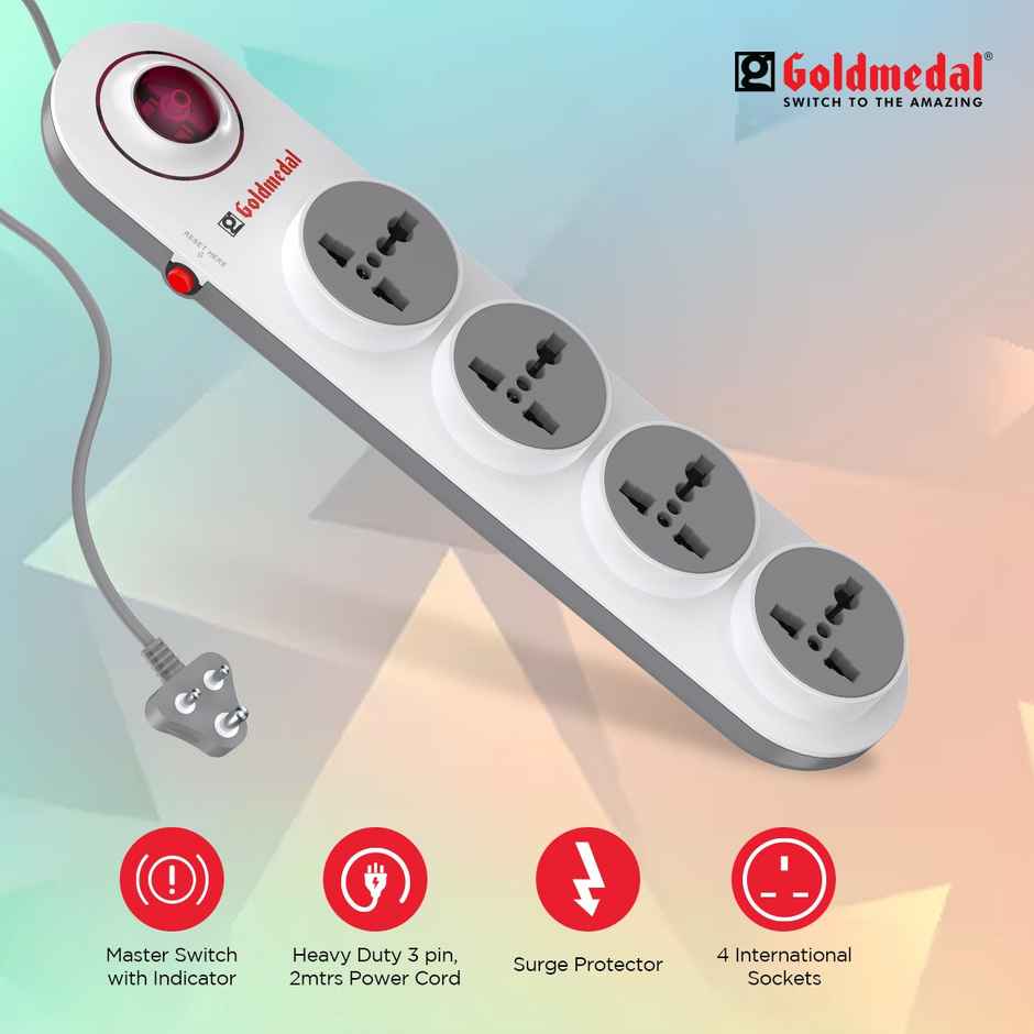 Gold Medal Logica 4X1 Spike Guard | 4 Universal Sockets | Master Switch with Indicator & Surge Protector | 2 Meter Extension Cord | Multi Plug for Home & Office Combo 