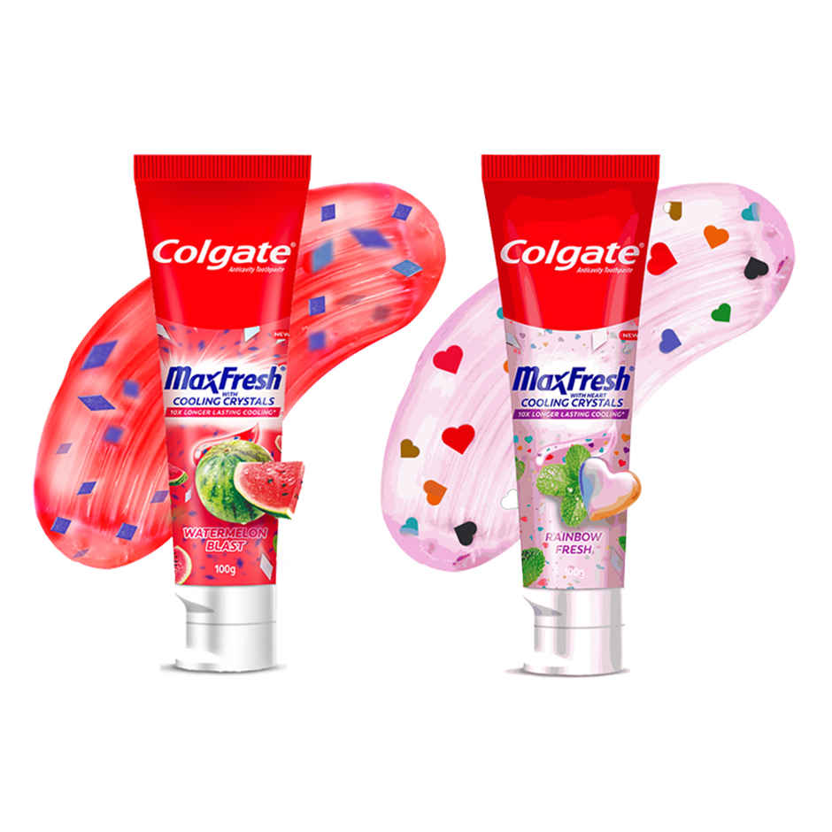 Colgate Maxfresh Rainbow Fresh Gel Toothpaste With Heart Shaped Crystals, Triple Mint Flavour (100g) & Colgate Maxfresh Watermelon Blast Gel Toothpaste With Cooling Crystals, Ultrafreeze Technology (100g) Combo