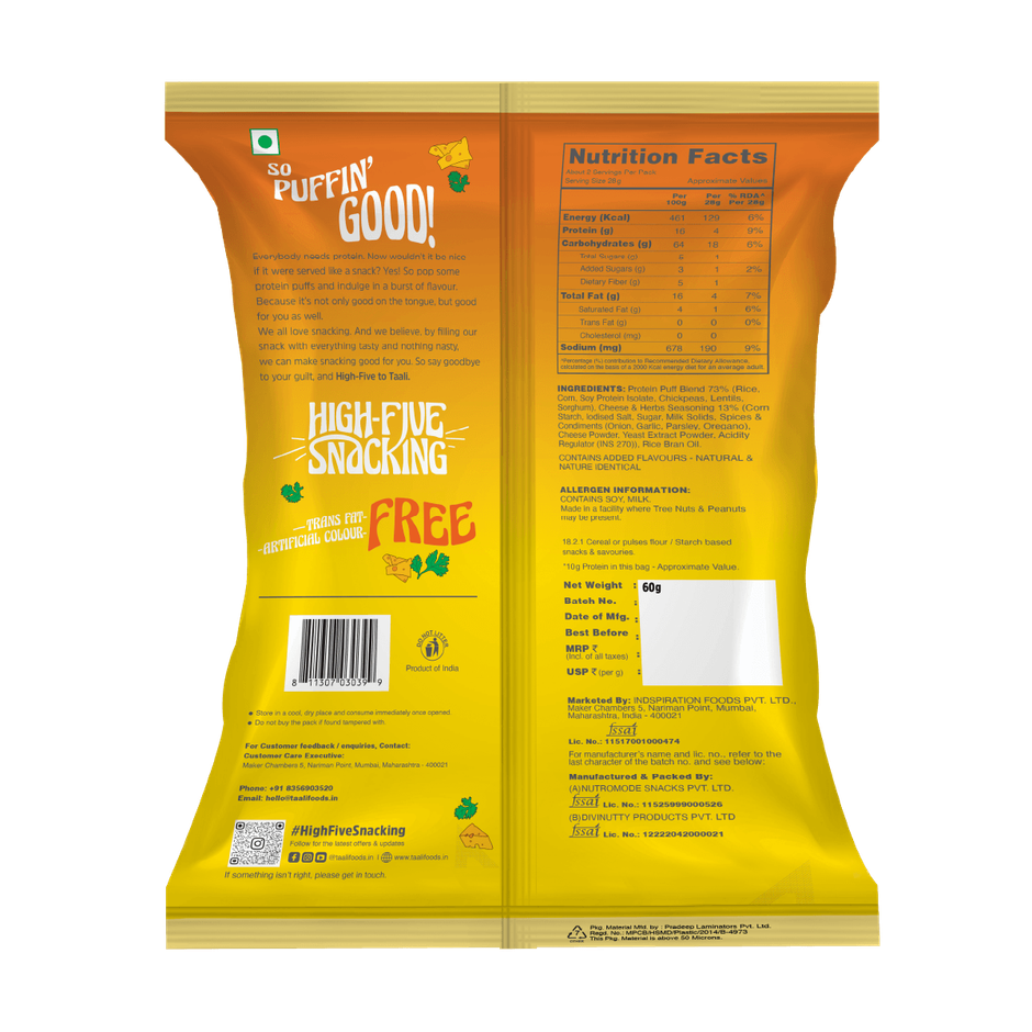 Taali Protein Puffs | Cheese Balls, Roasted, Corn & Jowar Puff, No Maida