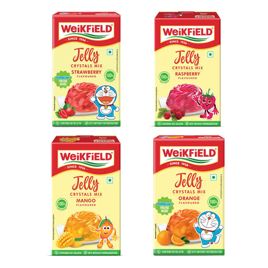 Weikfield Jelly Crystals Strawberry Flavour Carton(90gms), Weikfield Jelly Crystals Raspberry Flavour Carton(90gms) & Weikfield Jelly Crystals Mango Flavour Carton(90gms) Weikfield Jelly Crystals Delicious Orange Flavor Carton(90gms) Combo