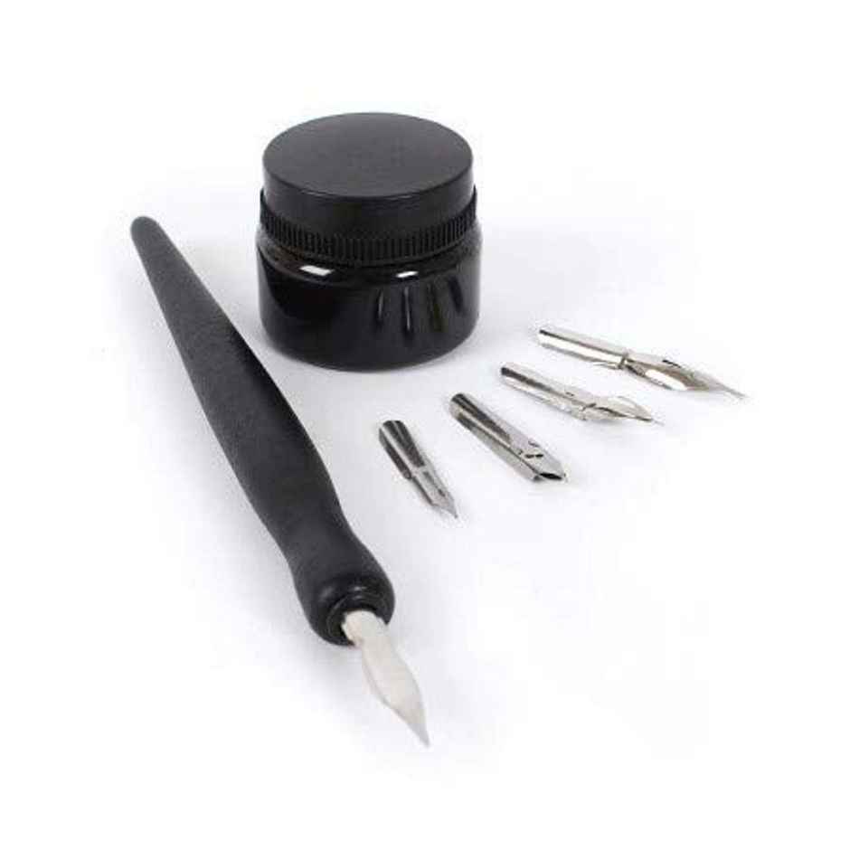 Chrome Manga Calligraphy Dip Pen Set With Universal Nib Holder And 5 Nibs