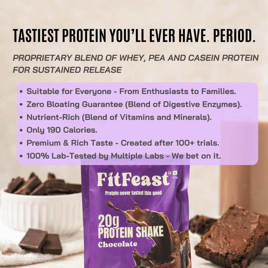 FitFeast Lab-Tested Chocolate 20g Protein Shake Sachets (7) + Free Shaker | Zero Bloating Guarantee