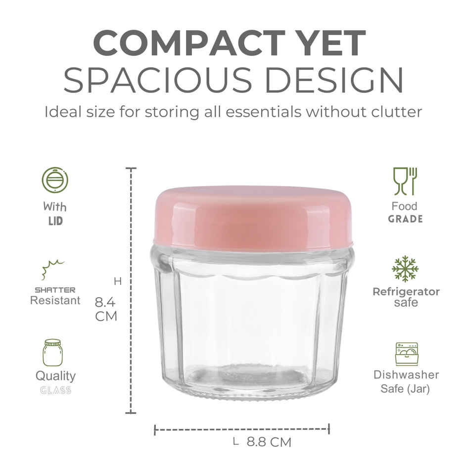 Yera Shell Glass Jar 2 Pc Set With Airtight Light Pink Plastic Lids 320 ml (Each)
