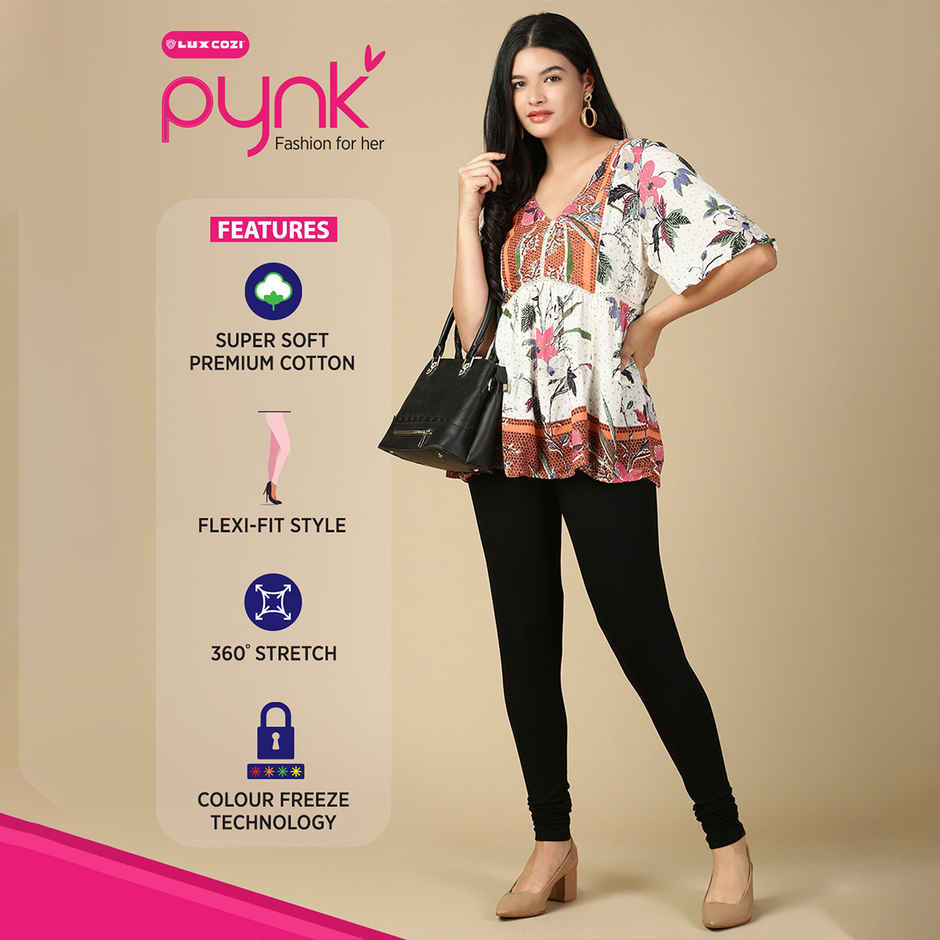 PYNK By Lux Cozi Women Ultra Soft 360 Stretch Premium Cotton Churidar Leggings | Black | Free Size