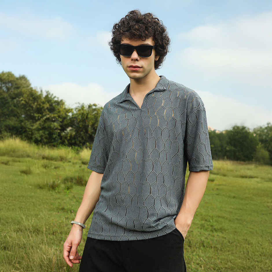 Campus Sutra Men's Honeycomb - Knit Polo T-shirt | Moon Grey - S