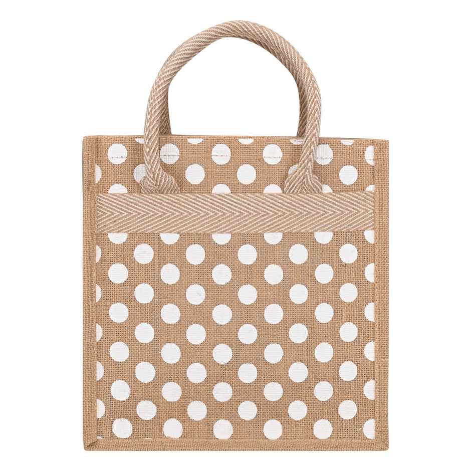 Jute Cottage Carry Bag - Polka Dot Zipper Lunch Bag | Eco-friendly | Natural | 12 x 12 x 7